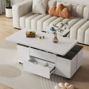 Lanmeng Island Hot 1 Table 4 Stools Lift-Top Coffee Tables Multi-functional Wooden Dining Table Living Room Furniture Home Small Space Trolleys