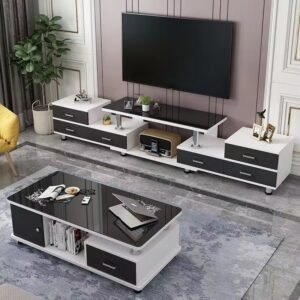 Lanmeng Island Luxury Modern Custom Latest Design Tempered Glass Retractable Storage Drawers TV Stand TV Cabinet Coffee Table Combination