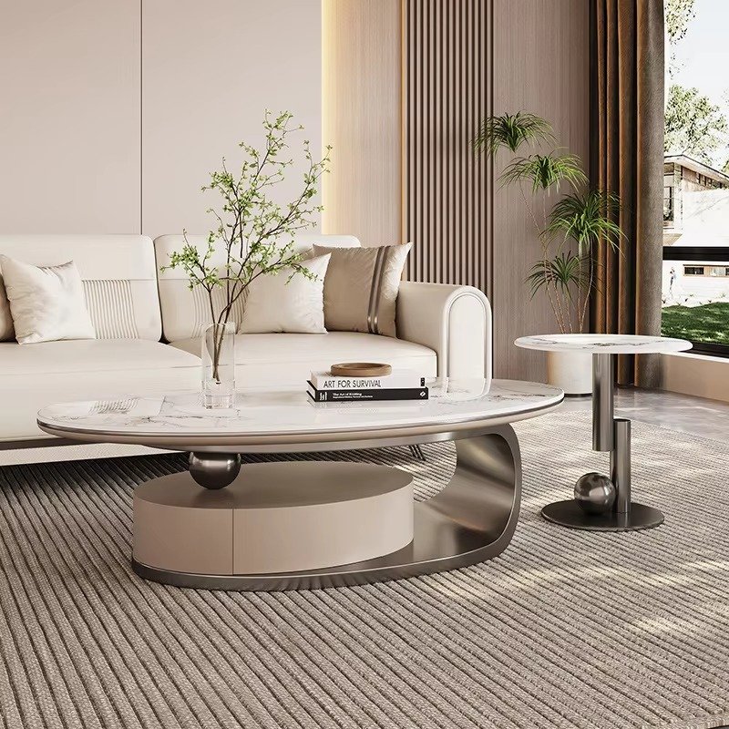 Lanmeng Island Light Luxury Rock Board Modern Style High-grade Movable Coffee Table Oval Combination Italian High-end Minimalist Coffee Table