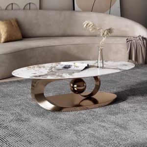 Lanmeng Island 2025 New Design Beautiful Luxury Moon Sintered Stone Top Glossy Stainless Steel Coffee Table for Living Room