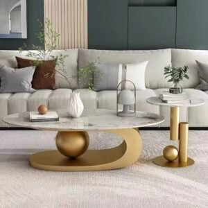Lanmeng Island Popular Designer Luxury Living Room Furniture Sintered Stone Top Stainless Steel Modern Oval Round Coffee Table with Gold Metal