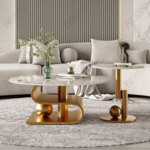 Lanmeng Island High-end Modern Style New Gold Center Tables Living Room Furniture Stainless Steel Side Table Glossy Golden Coffee Table Set