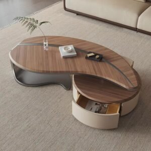 Lanmeng Island New Design Modern Nordic Style Leaf Shape Coffee Table Solid Wood Top with Stainless Steel Base Drawer for Living Room Furniture