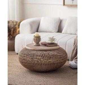 Lanmeng Island 2025 New Hot Sale Farmhouse Design Rattan Coffee Table,Rattan Side Table With Lid for Luxury Living Room & Bedroom Furniture