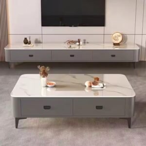 Lanmeng Island Modern Wooden TV Cabinet with Steel Frame Legs Storage TV Table Stand Coffee Table for Home Furniture for Living Room Use