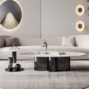 Lanmeng Island Modern Italian Light Luxury Style Simple Side Table Oval Stainless Steel Home Marble Coffee Table for Living Room