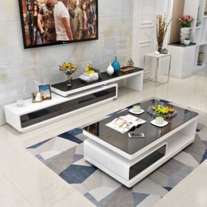 Lanmeng Island Modern Luxury Black and White Glass Coffee Table TV Stand Set Living Home Furniture with Panel Wood Style Wooden Coffee Table