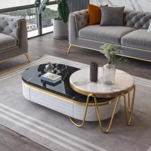 Lanmeng Island Home Furniture Modern Light Luxury Minimalist Natural Marble Coffee Table Living Room Solid Wood Combination Central Table Set