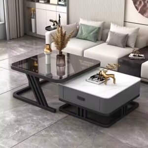 Lanmeng Island Modern Luxury Square Rock Slab Glass Coffee Table Home Furniture Sintered Stone Stainless Steel Drawer Storage Tea Table Set