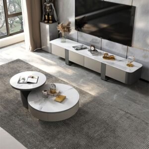 Lanmeng Island Factory Wholesale Modern Luxury Titanium Gold High-Leg TV Cabinet Coffee Table Set for Living Room Apartment Home Furniture