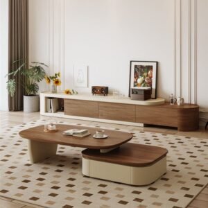 Lanmeng Island Mid-century Modern TV Cabinet Coffee Table Set Eco-Friendly Light Luxury Elegant Drawer Storage Wooden Living Room Furniture