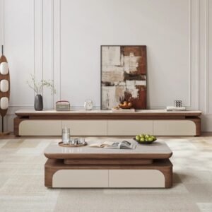 Lanmeng Island High-End Modern Luxury Wood TV Cabinet and Rectangular Stone Coffee Table Set for Living Room Furniture with Drawers