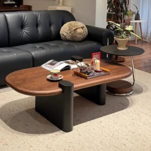 Lanmeng Island Modern Living Room Coffee Table Walnut & Black Wood Oval Round Coffee Table Set of 2